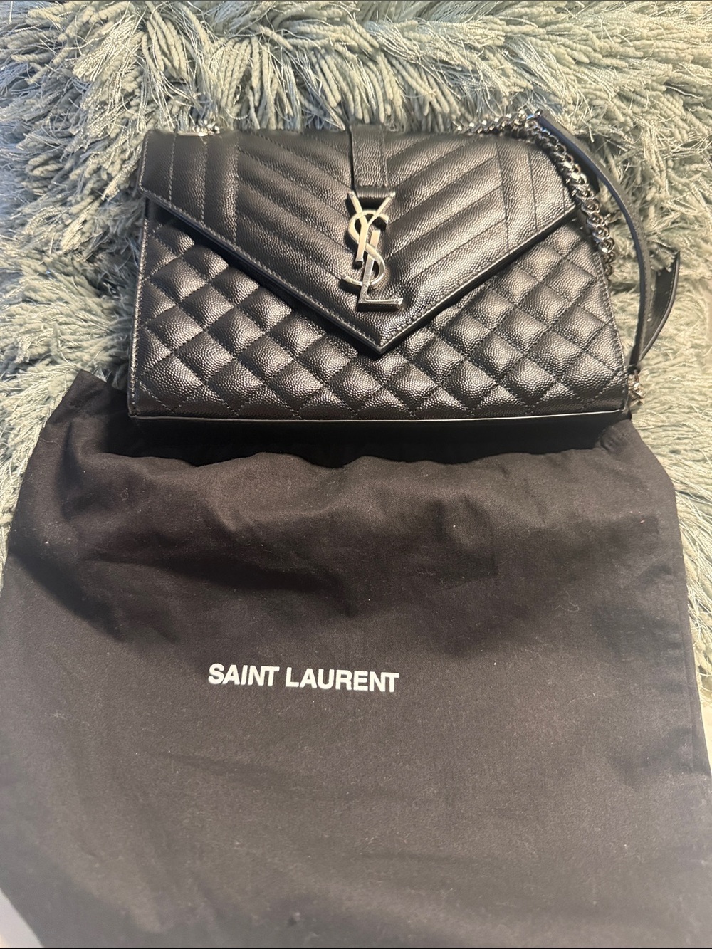 Saint Laurent Black Quilted Envelope Crossbody with Silver YSL Logo